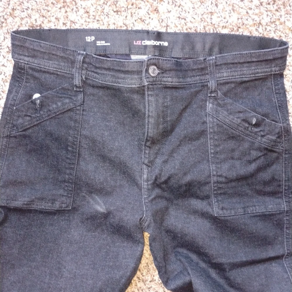 NEW Liz Claiborne Black Stretch Denim Pants 12P Mid-Rise Utility Style